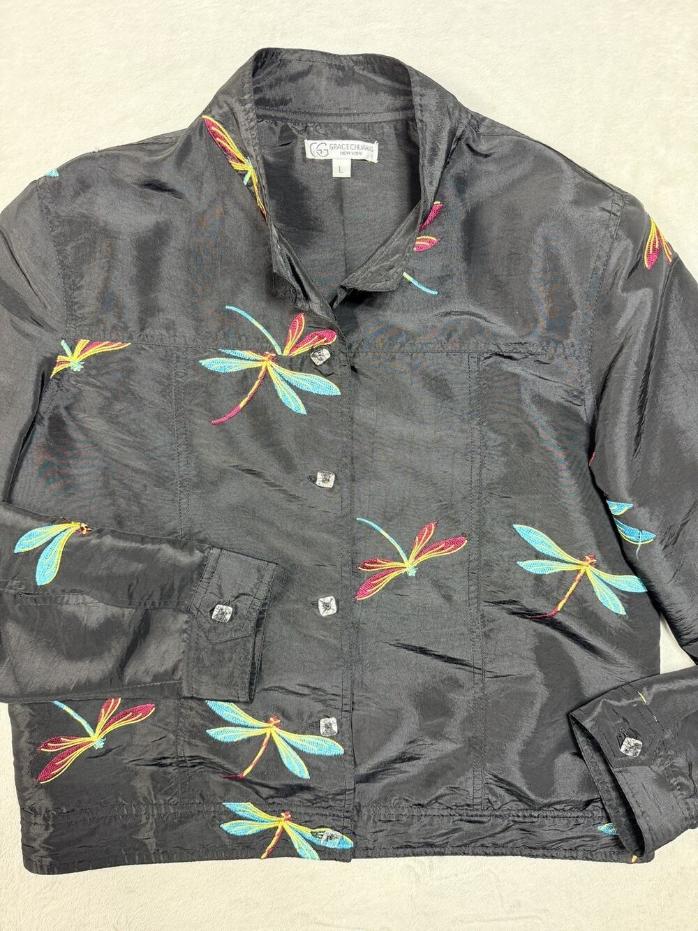 Grace Chuang New York Silk Blend Embroidered Dragonfly Jacket Black Sz Lg